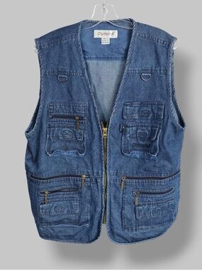 OlympinA Denim Utility Vest Size L Multi Pocket Zip Fishing Vest